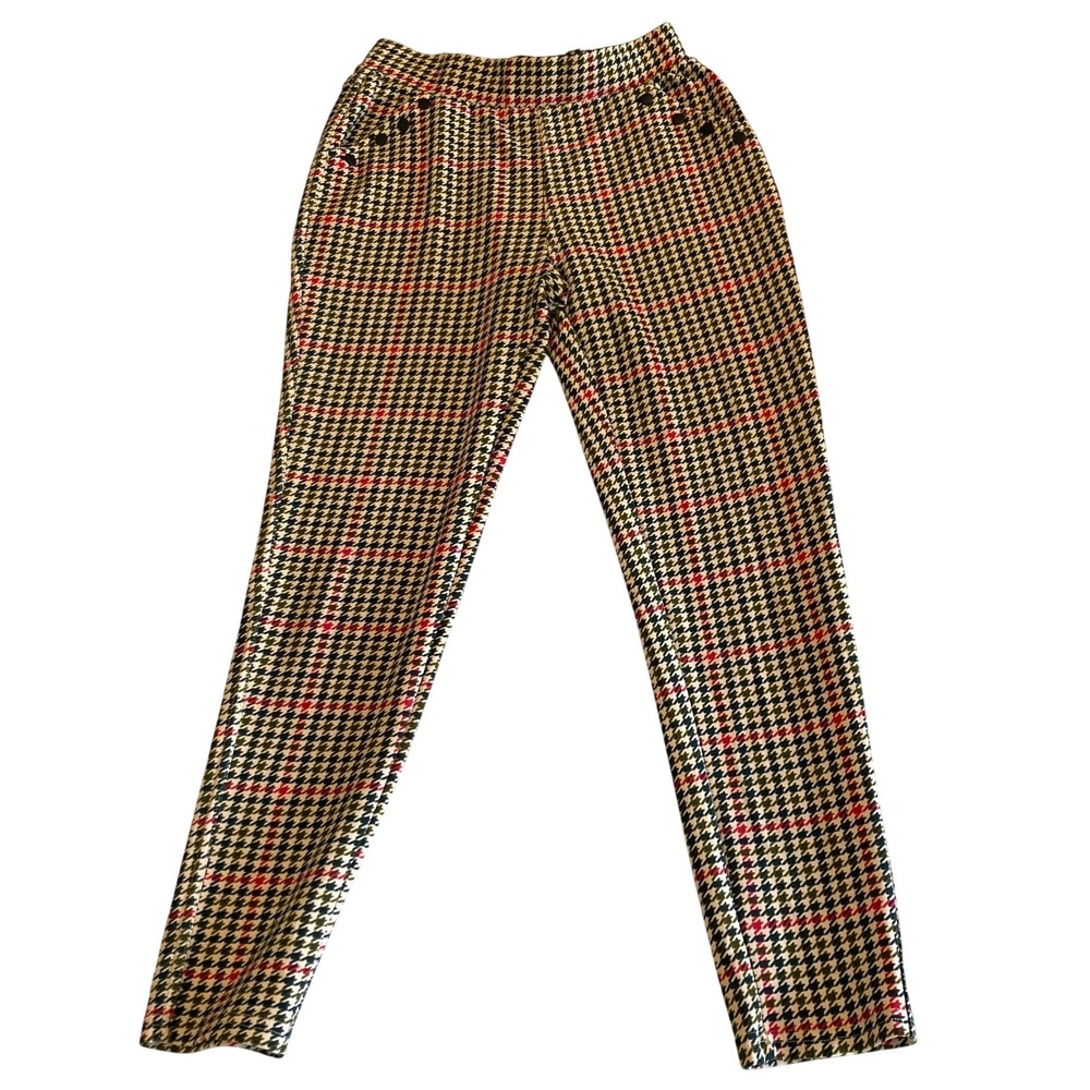 Indero Pants Women L/XL 25x26 Houndstooth Plaid Sailor Button Pull On Stretch